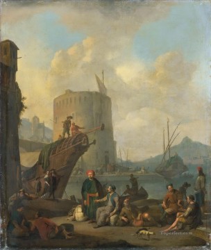 Johannes Lingelbach refugio italiano conoció barcos de guerra vestingtoren Pinturas al óleo